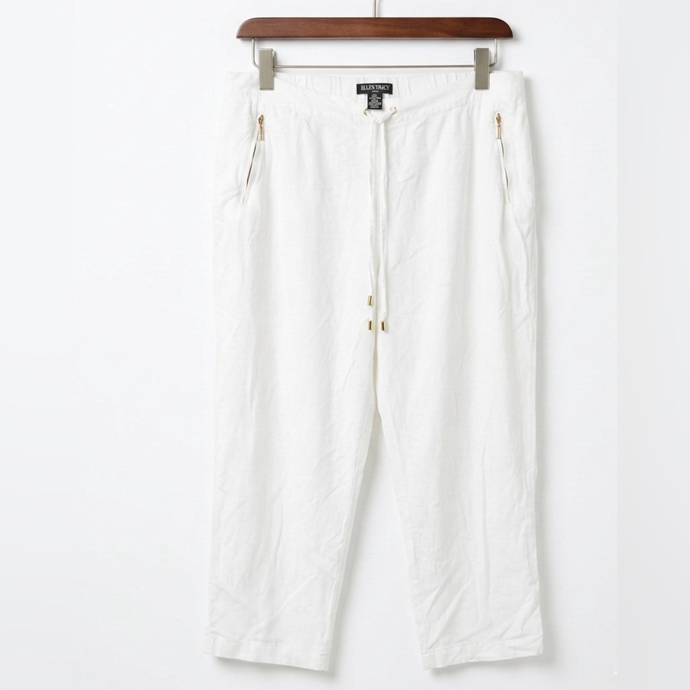 Ellen Tracy White Linen Blend Crop Pants XL Coastal Beach Drawstring